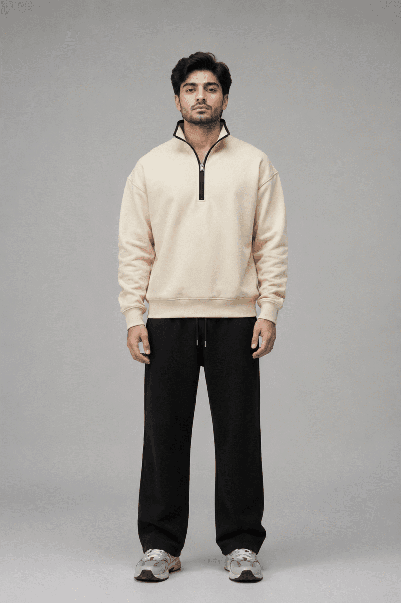 Cream Quarter Zip Sweatshirt Pakistan – 320 GSM Cotton Fleece | Chahatein