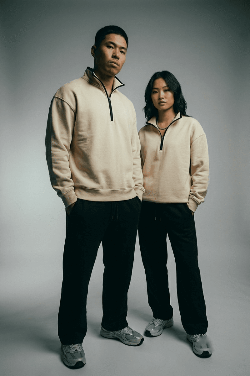 Chahatein Quarter Zip Sweatshirt – Cream | 320 GSM Cotton Fleece – shown on two models