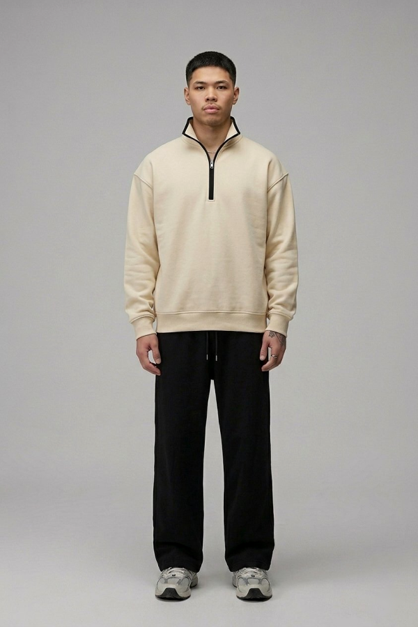 Cream Quarter Zip Sweatshirt Pakistan – 320 GSM Cotton Fleece | Chahatein