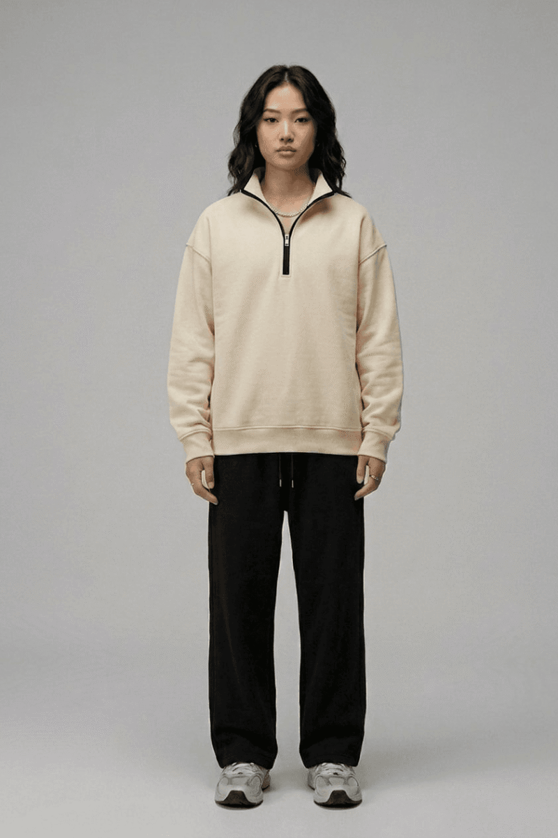 Chahatein Quarter Zip Sweatshirt – Cream | 320 GSM Cotton Fleece – front view