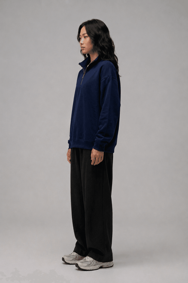 Chahatein Quarter Zip Sweatshirt – Blue | 320 GSM Cotton Fleece – side view