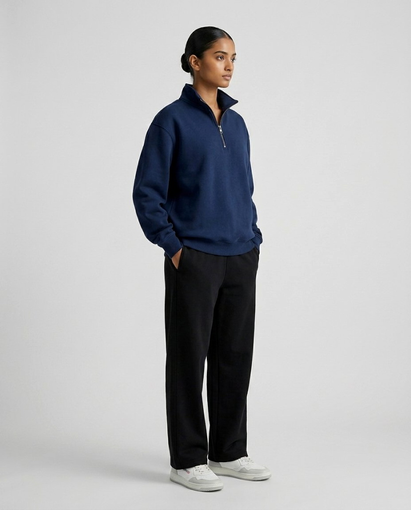 Chahatein Quarter Zip Sweatshirt – Navy Blue | 320 GSM Cotton Fleece – side view