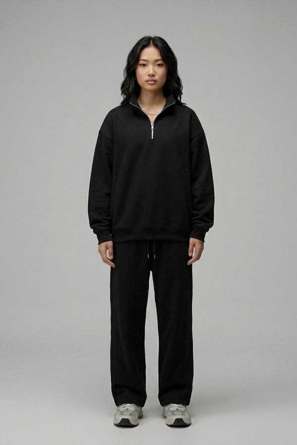 Black Quarter Zip Sweatshirt Pakistan – 320 GSM Cotton Fleece | Chahatein