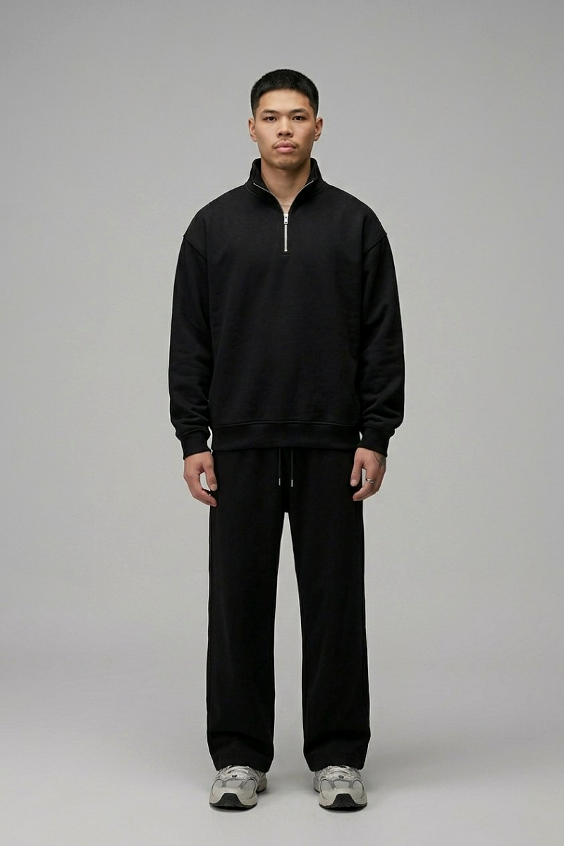 Chahatein Quarter Zip Sweatshirt – Black | 320 GSM Cotton Fleece – front view