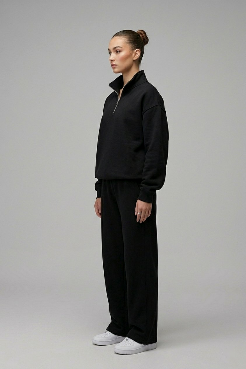 Chahatein Quarter Zip Sweatshirt – Black | 320 GSM Cotton Fleece – side view