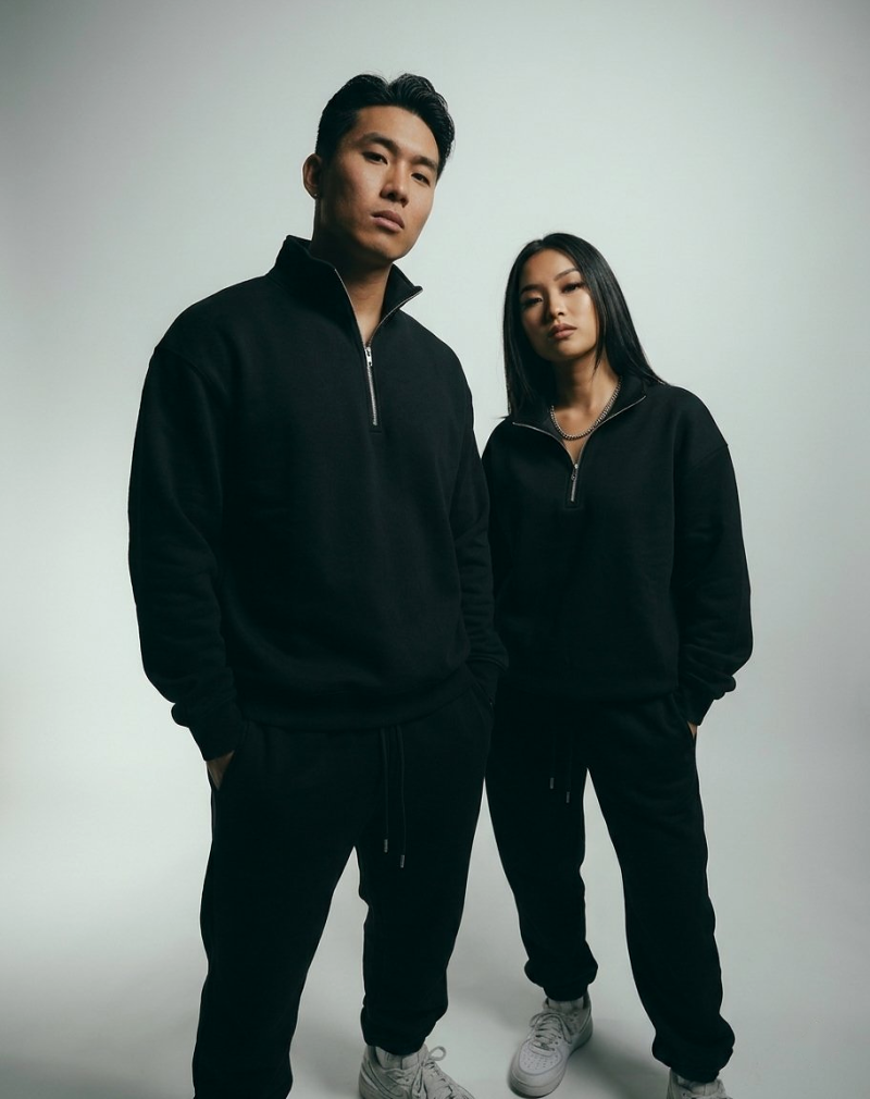 Chahatein Quarter Zip Sweatshirt – Black | 320 GSM Cotton Fleece – shown on two models