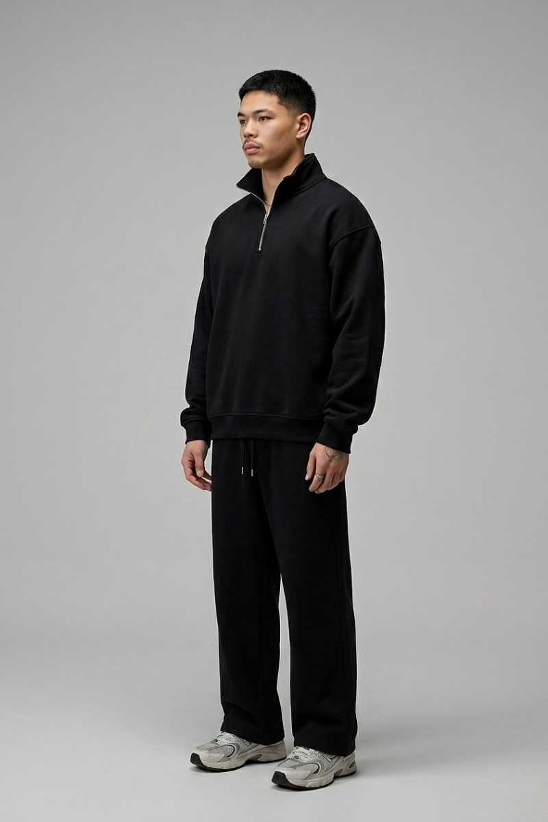 Chahatein Quarter Zip Sweatshirt – Black | 320 GSM Cotton Fleece – side view